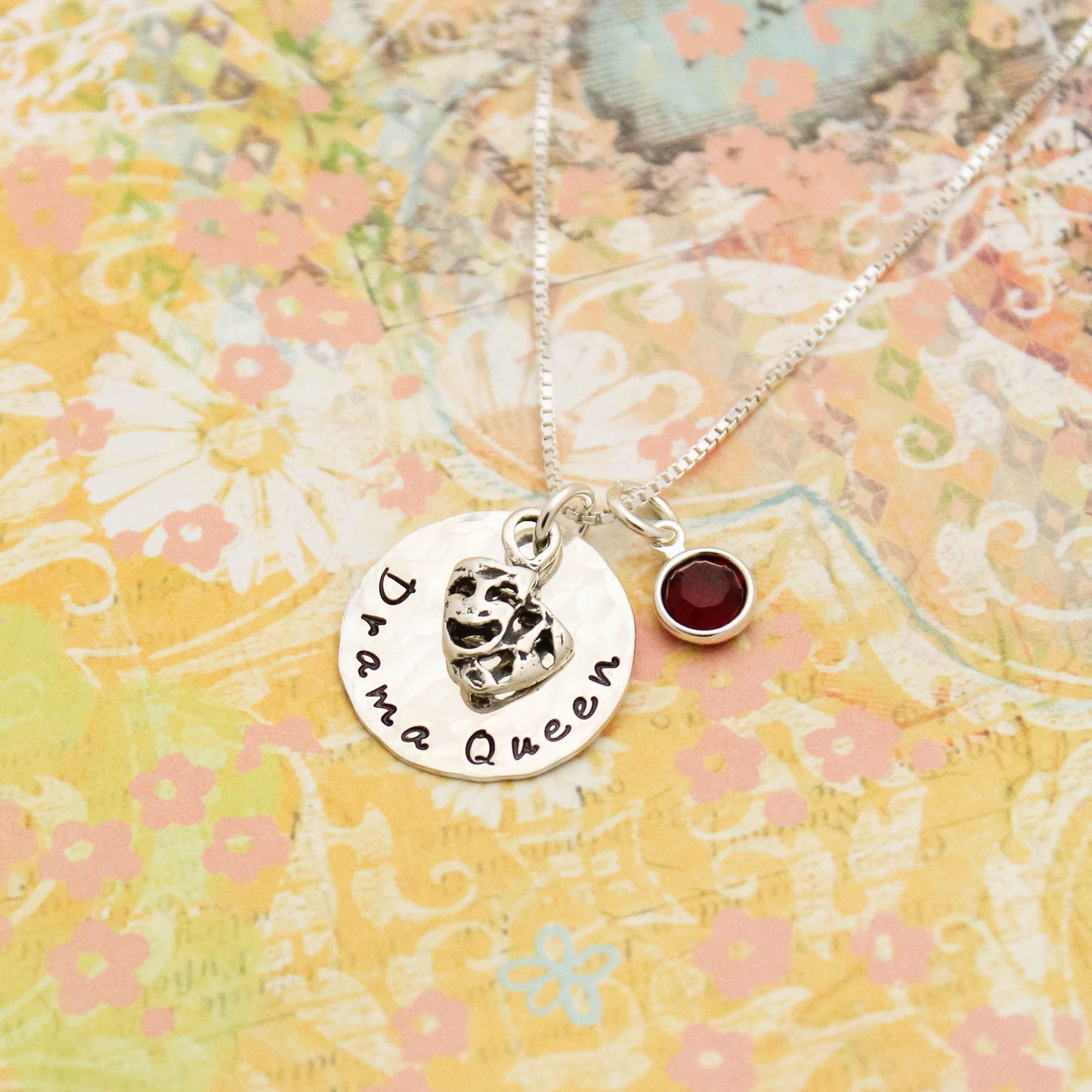 Drama Queen with Birthstone Choice Personalized Hand Stamped Necklace