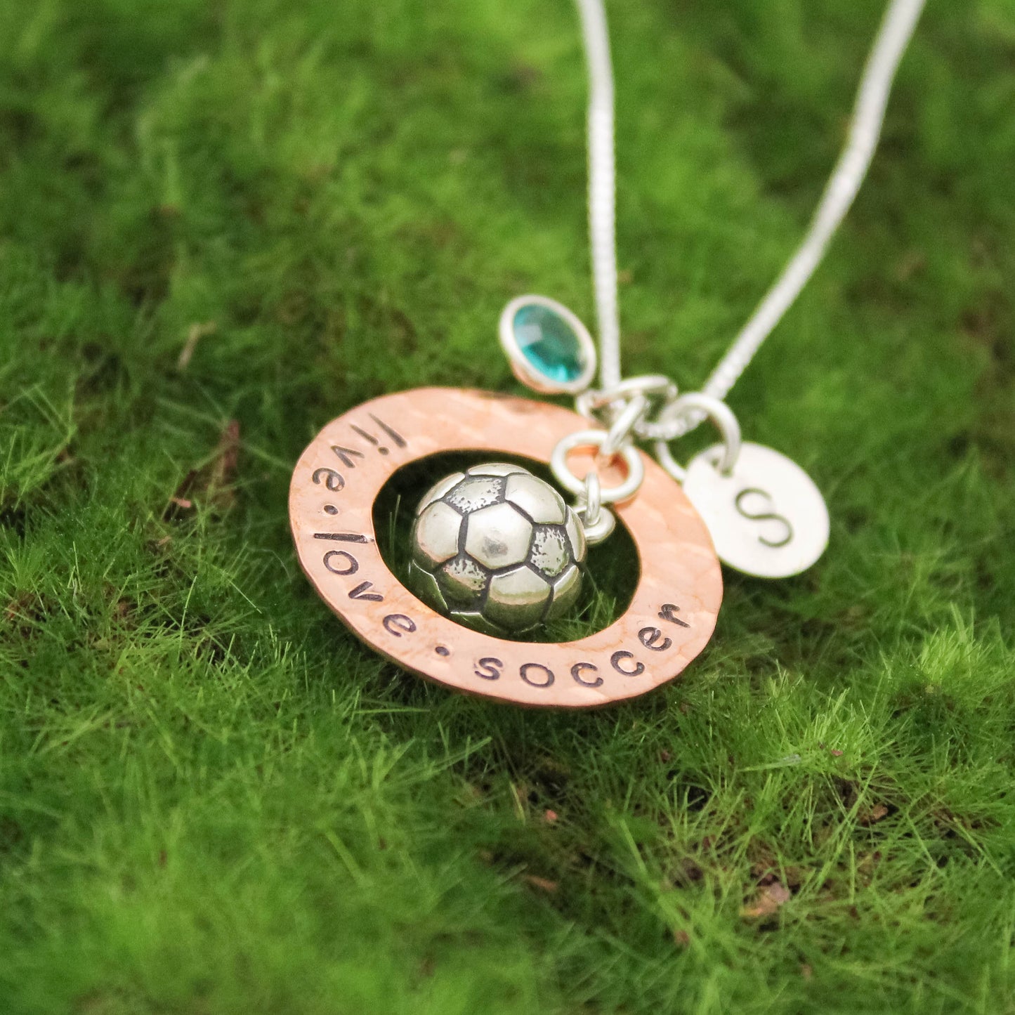 Soccer Charm Necklace Copper Washer and Sterling Silver Personalized Hand Stamped Necklace