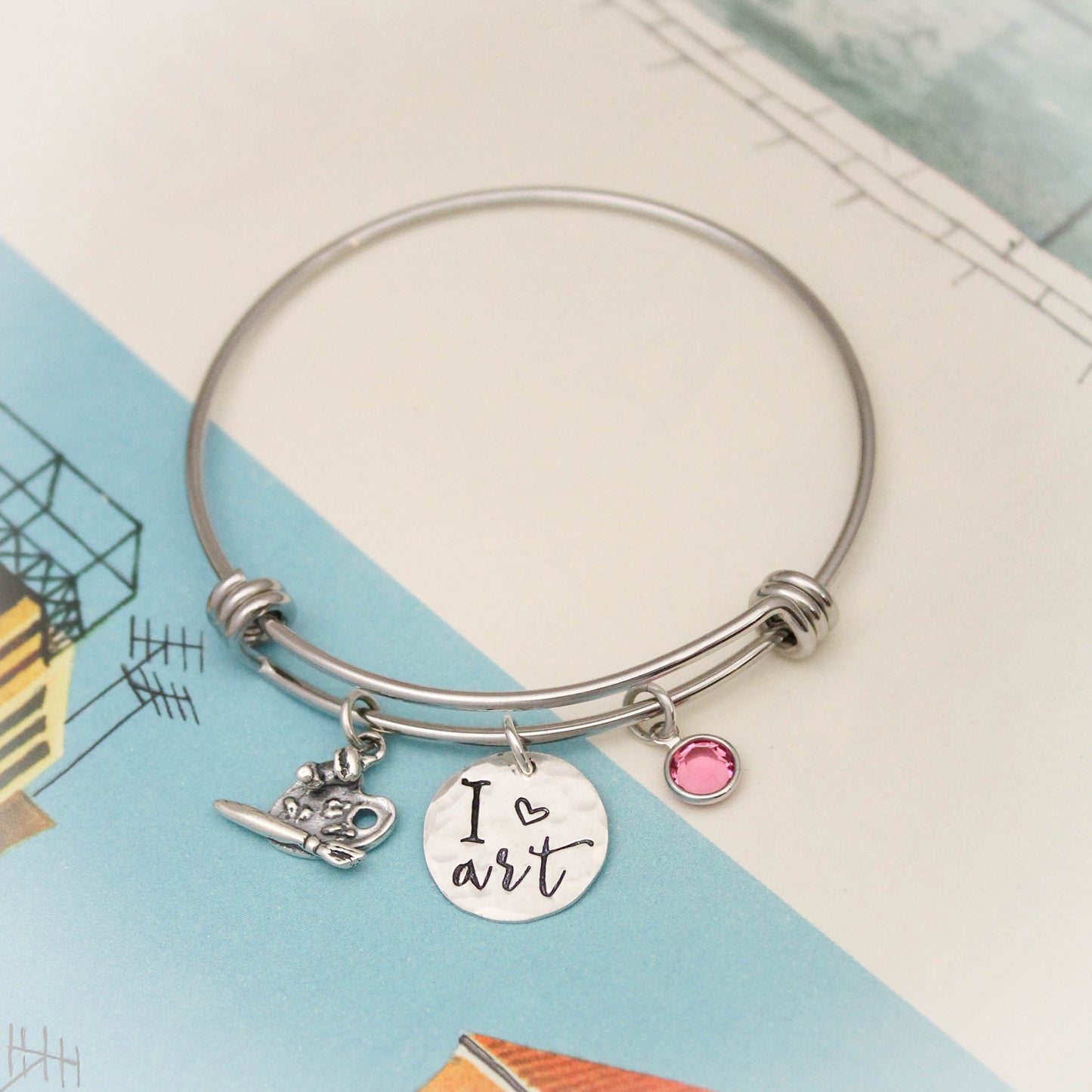 Personalized Art Bangle, I Love Art Bracelet, Gift for Artist, Art Teacher Gift, Artist Jewelry, Painter Bangle Bracelet, Hand Stamped