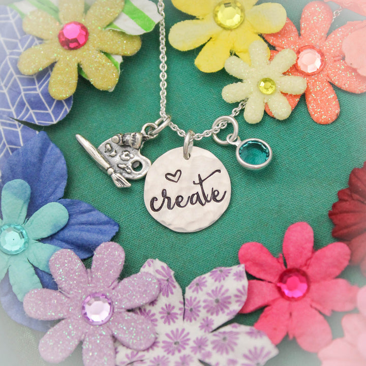 Create Necklace, Gift for Artist, Art Teacher Gift, Artist Palette Jewelry, Create Jewelry, Sterling Silver Personalized Hand Stamped