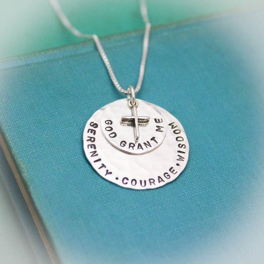 Serenity Prayer Pendant Necklace in Sterling Silver with Cross Charm Personalized Hand Stamped Jewelry