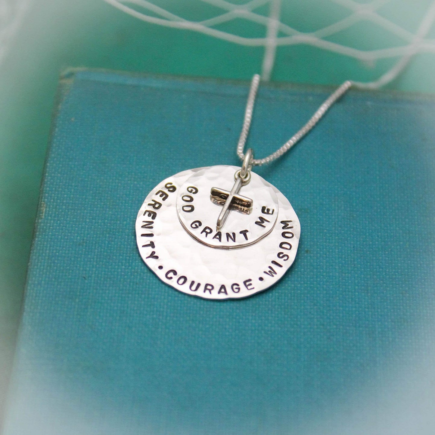 Serenity Prayer Pendant Necklace in Sterling Silver with Cross Charm Personalized Hand Stamped Jewelry