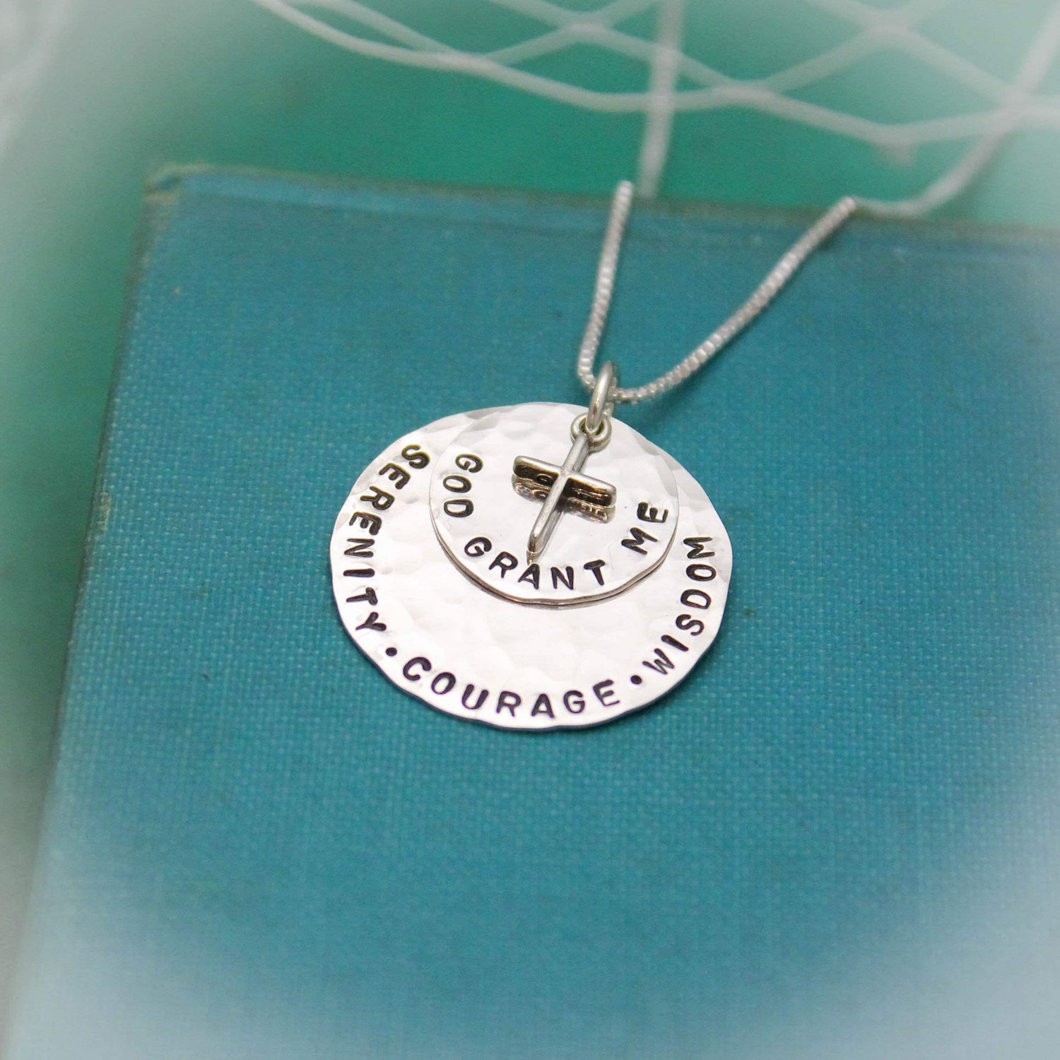 Serenity Prayer Pendant Necklace in Sterling Silver with Cross Charm  Personalized Hand Stamped Jewelry
