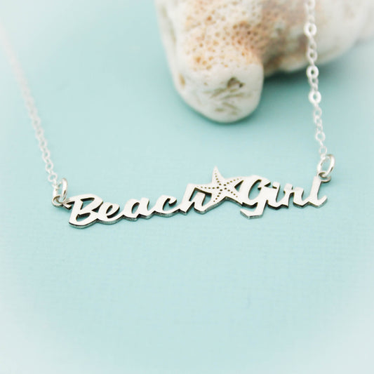 Beach Girl Necklace, Sterling Silver Beach Girl Bar Necklace, Beach Girl Jewelry, Starfish Bar Necklace, Sterling Silver Beach Bar Necklace