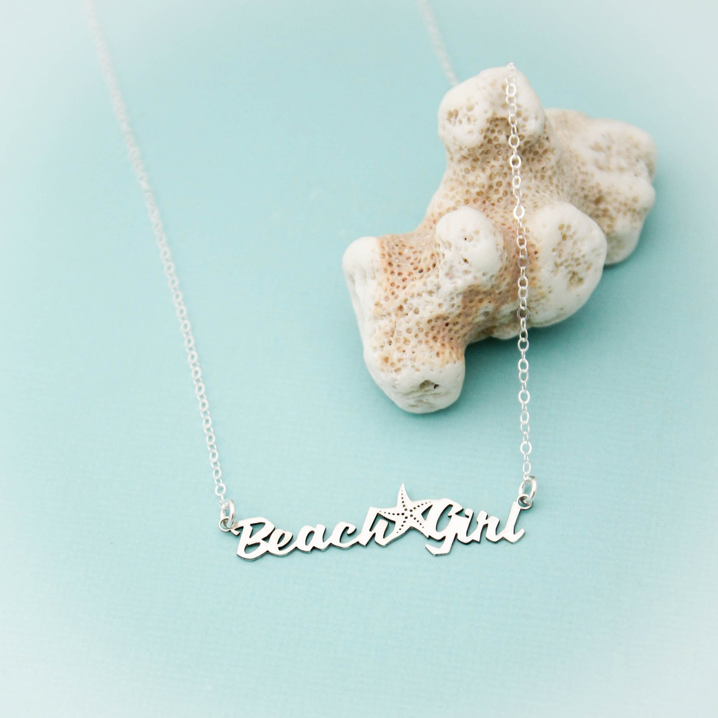 Beach Girl Necklace, Sterling Silver Beach Girl Bar Necklace, Beach Girl Jewelry, Starfish Bar Necklace, Sterling Silver Beach Bar Necklace
