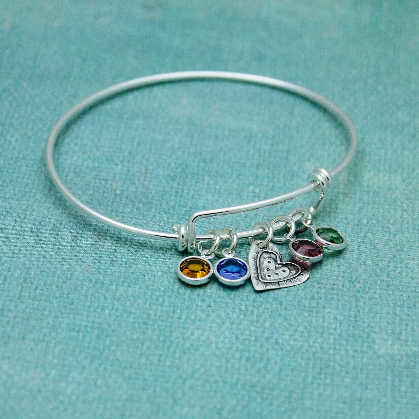 Cute Heart Sterling Silver Bangle, Silver Heart with Birthstones Bracelet, Mother's Birthstone Bangle, Grandmother Bracelet, Mom's Day Gift