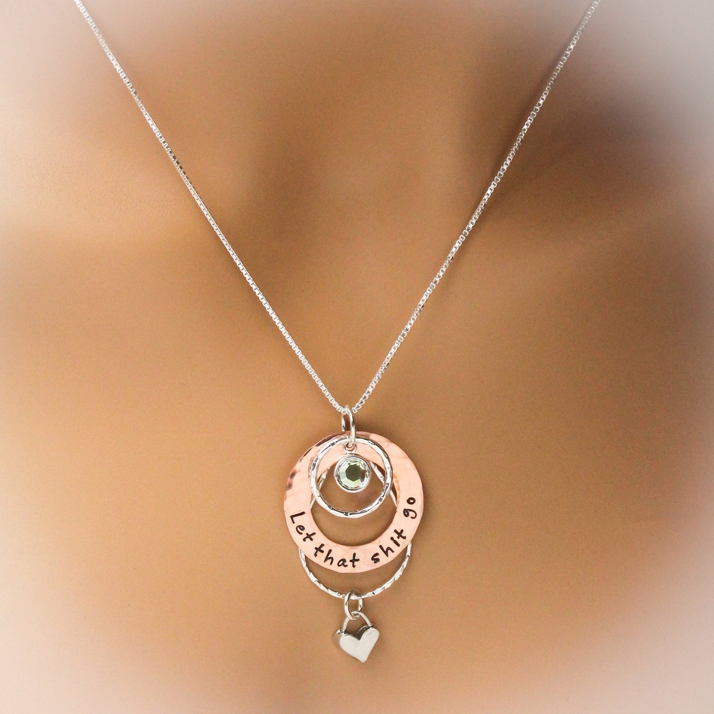 Let That Shit Go Necklace, Heart Washer Necklace, Layered Necklace, Copper & Sterling Silver Washer Necklace, Hand Stamped Let That Shit Go