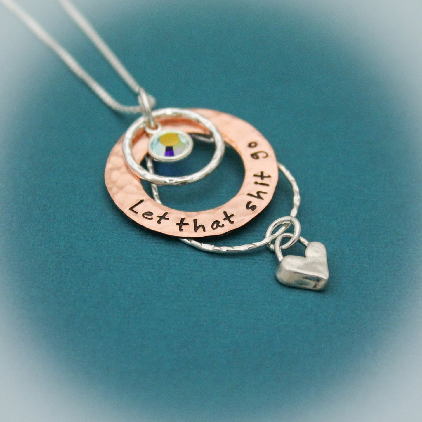 Let That Shit Go Necklace, Heart Washer Necklace, Layered Necklace, Copper & Sterling Silver Washer Necklace, Hand Stamped Let That Shit Go