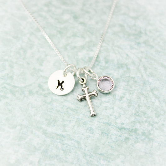 Cross Charm Necklace, Confirmation Cross Necklace, First Communion Cross Necklace, Personalized Hand Stamped Jewelry