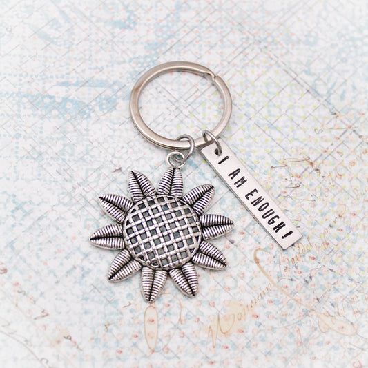 I Am Enough Key Chain, Flower Keychain, Graduation Gift, Motivational Gift, Graduate Gift, Hand Stamped Personalized Jewelry, Gift for Her