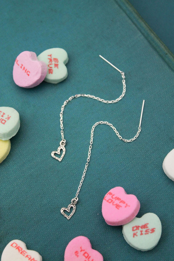 Cute Heart Threader Earrings, Sterling Silver Heart Earrings, Valentine's Day Gift, Heart Jewelry, Gifts for Her, Dainty Silver Earrings