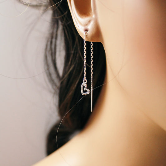 Cute Heart Threader Earrings, Sterling Silver Heart Earrings, Valentine's Day Gift, Heart Jewelry, Gifts for Her, Dainty Silver Earrings
