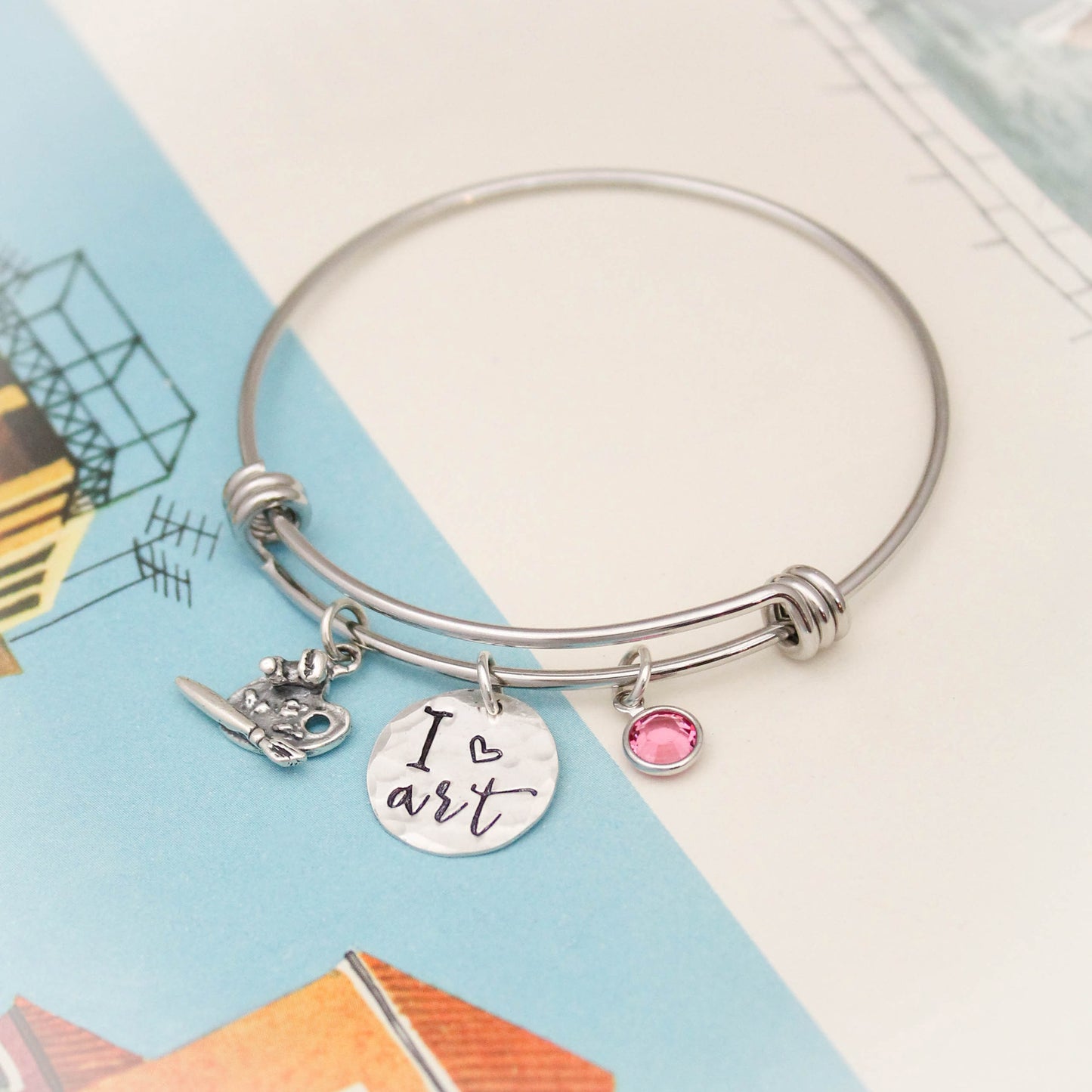 Personalized Art Bangle, I Love Art Bracelet, Gift for Artist, Art Teacher Gift, Artist Jewelry, Painter Bangle Bracelet, Hand Stamped