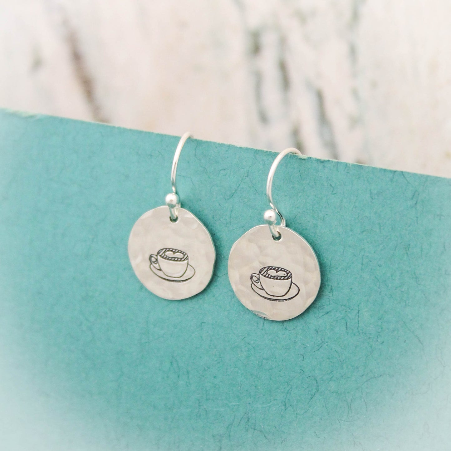 Coffee Latte Sterling Silver Earrings, Latte Jewelry, Hand Stamped Personalized Earrings, Coffee Jewelry, Cappuccino Jewelry, Gift for Her