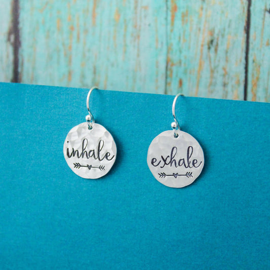Inhale Exhale Earrings in Sterling Silver, Breathe Earrings, Inspirational Yoga Jewelry, Gifts for Her, Boho Yoga Jewelry, Mantra Jewelry