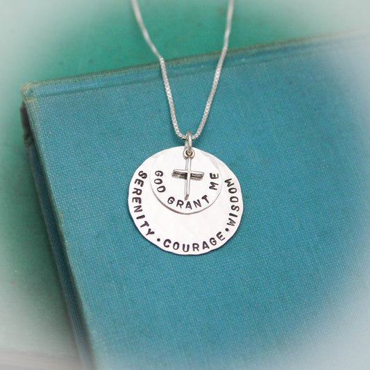 Serenity Prayer Pendant Necklace in Sterling Silver with Cross Charm Personalized Hand Stamped Jewelry