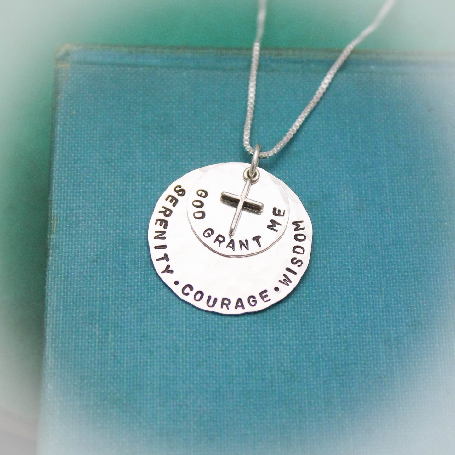 Serenity Prayer Pendant Necklace in Sterling Silver with Cross Charm Personalized Hand Stamped Jewelry