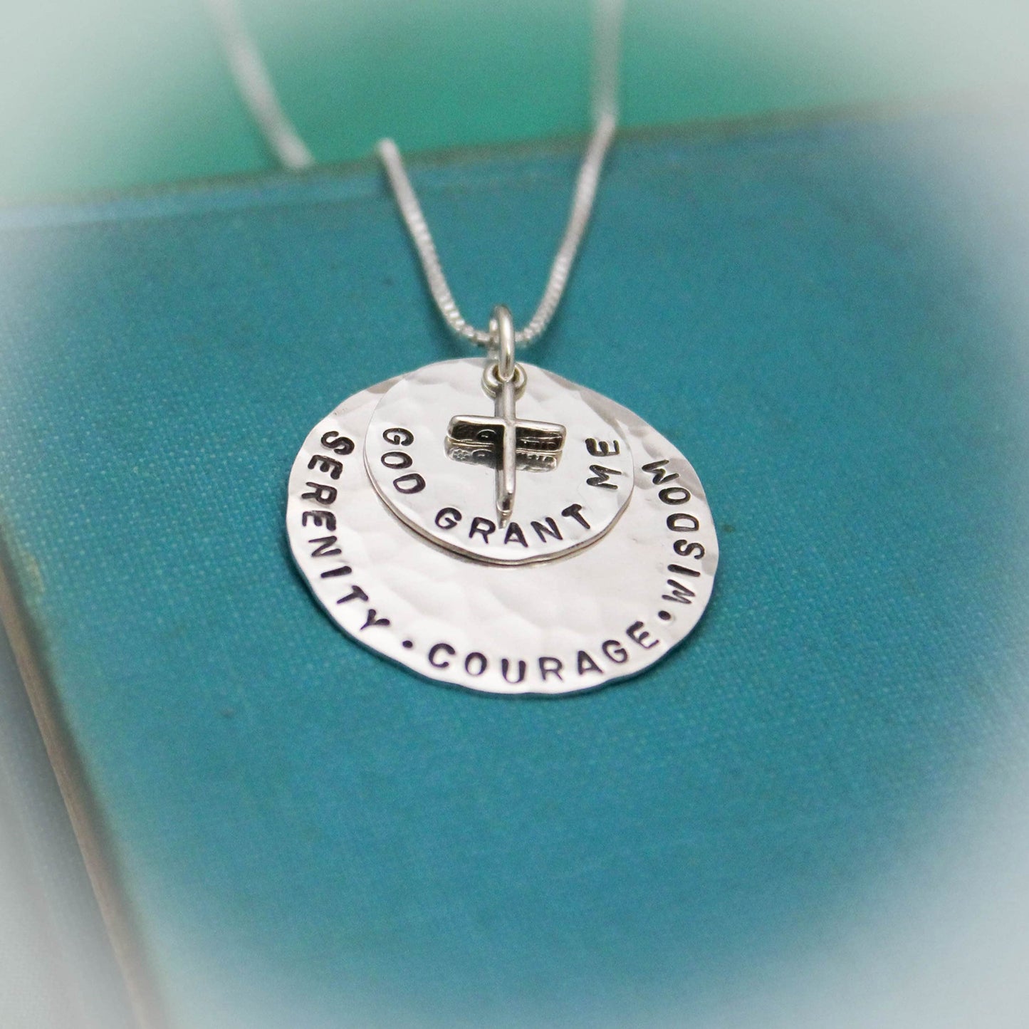 Serenity Prayer Pendant Necklace in Sterling Silver with Cross Charm Personalized Hand Stamped Jewelry