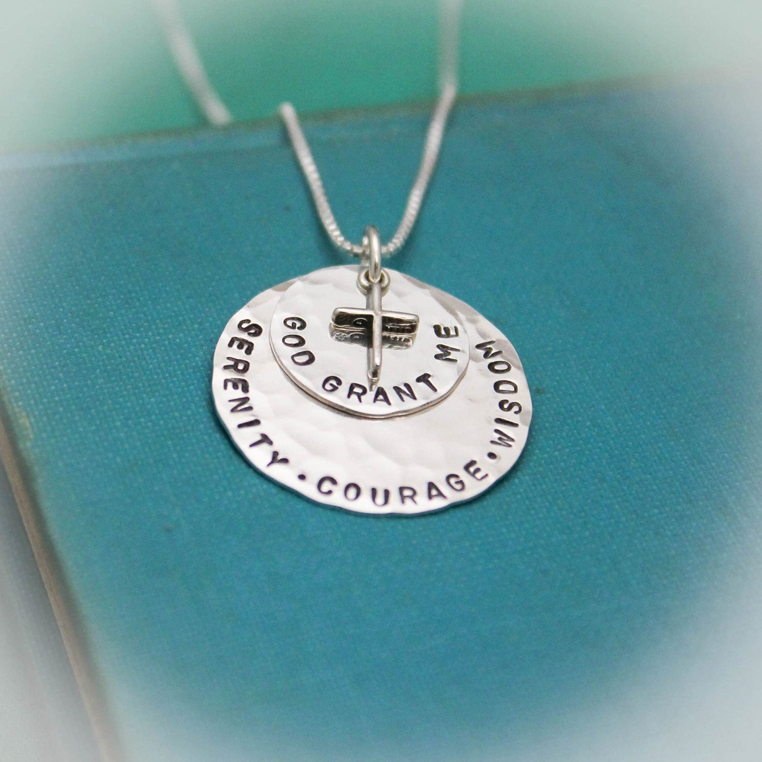 Serenity Prayer Pendant Necklace in Sterling Silver with Cross Charm  Personalized Hand Stamped Jewelry