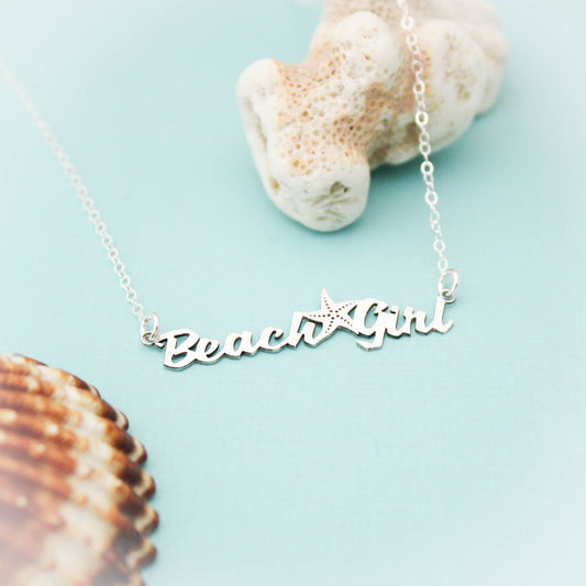 Beach Girl Necklace, Sterling Silver Beach Girl Bar Necklace, Beach Girl Jewelry, Starfish Bar Necklace, Sterling Silver Beach Bar Necklace