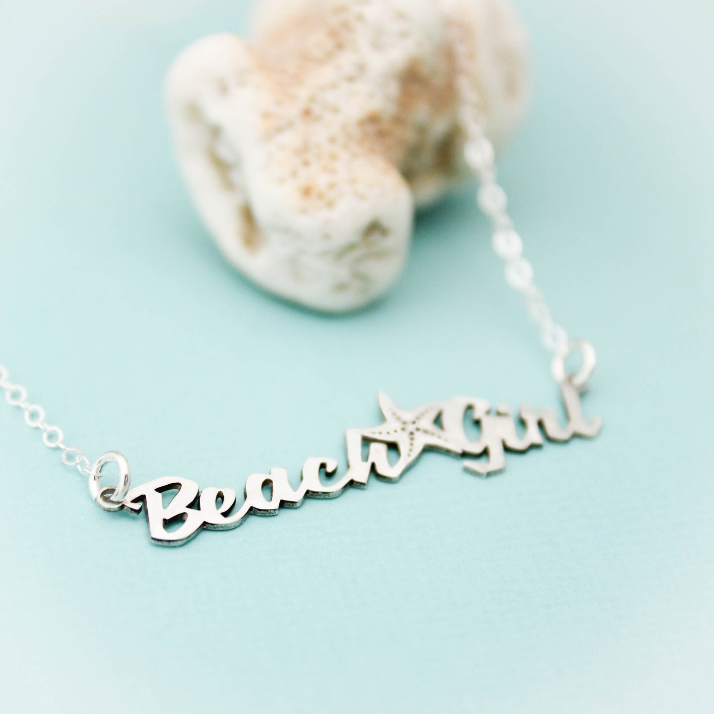 Beach Girl Necklace, Sterling Silver Beach Girl Bar Necklace, Beach Girl Jewelry, Starfish Bar Necklace, Sterling Silver Beach Bar Necklace