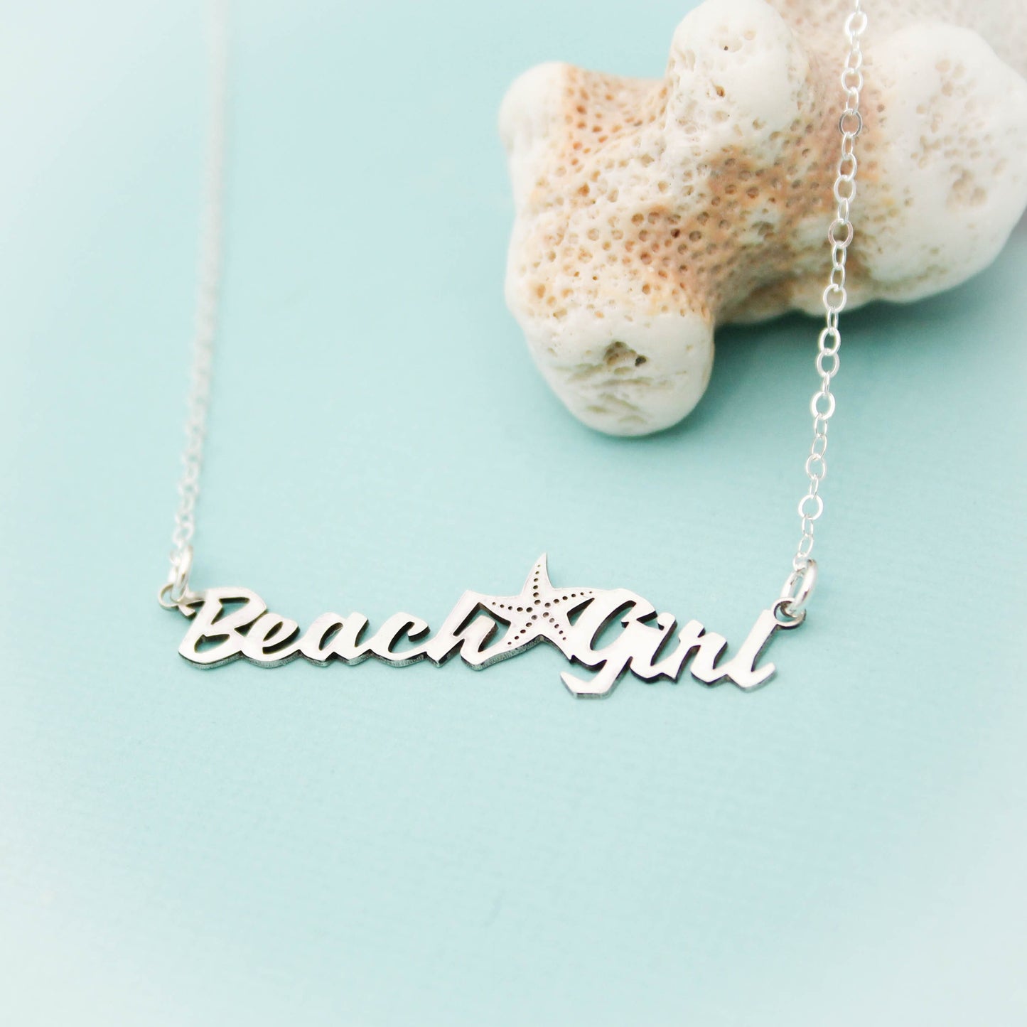 Beach Girl Necklace, Sterling Silver Beach Girl Bar Necklace, Beach Girl Jewelry, Starfish Bar Necklace, Sterling Silver Beach Bar Necklace