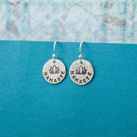 NAMASTE Sterling Silver Earrings, Lotus Flower Jewelry, Hand Stamped Personalized Earrings, Yoga Jewelry Zen Breathe Unique Gift for Her