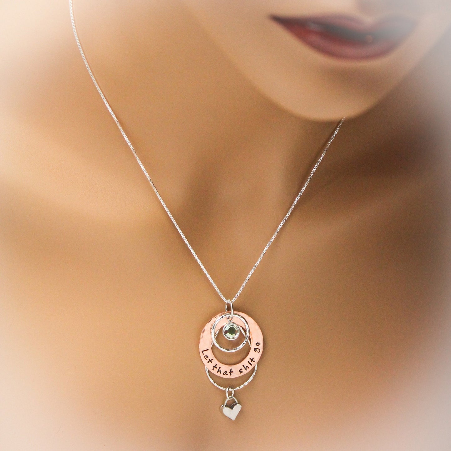 Let That Shit Go Necklace, Heart Washer Necklace, Layered Necklace, Copper & Sterling Silver Washer Necklace, Hand Stamped Let That Shit Go