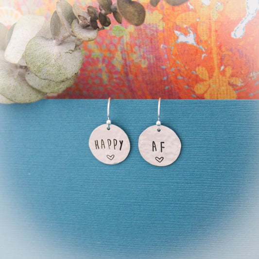 Happy AF Earrings in Sterling Silver, Motivational Inspirational Jewelry, Gifts for Her, Happy As Fuck Jewelry, Curse Word Jewelry Gift