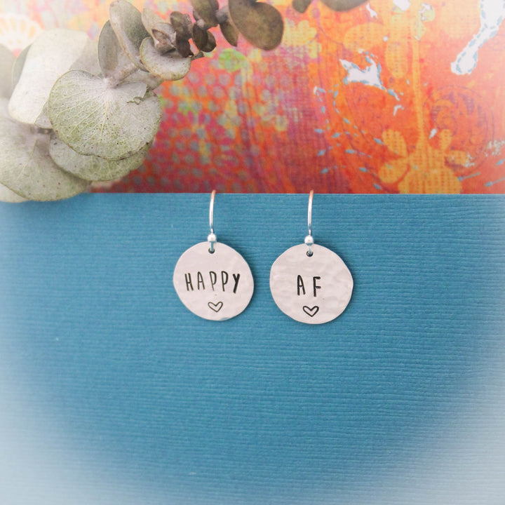 Happy AF Earrings in Sterling Silver, Motivational Inspirational Jewelry, Gifts for Her, Happy As Fuck Jewelry, Curse Word Jewelry Gift