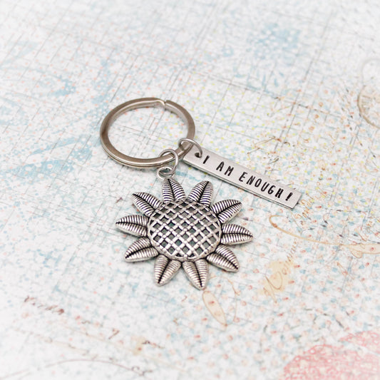 I Am Enough Key Chain, Flower Keychain, Graduation Gift, Motivational Gift, Graduate Gift, Hand Stamped Personalized Jewelry, Gift for Her