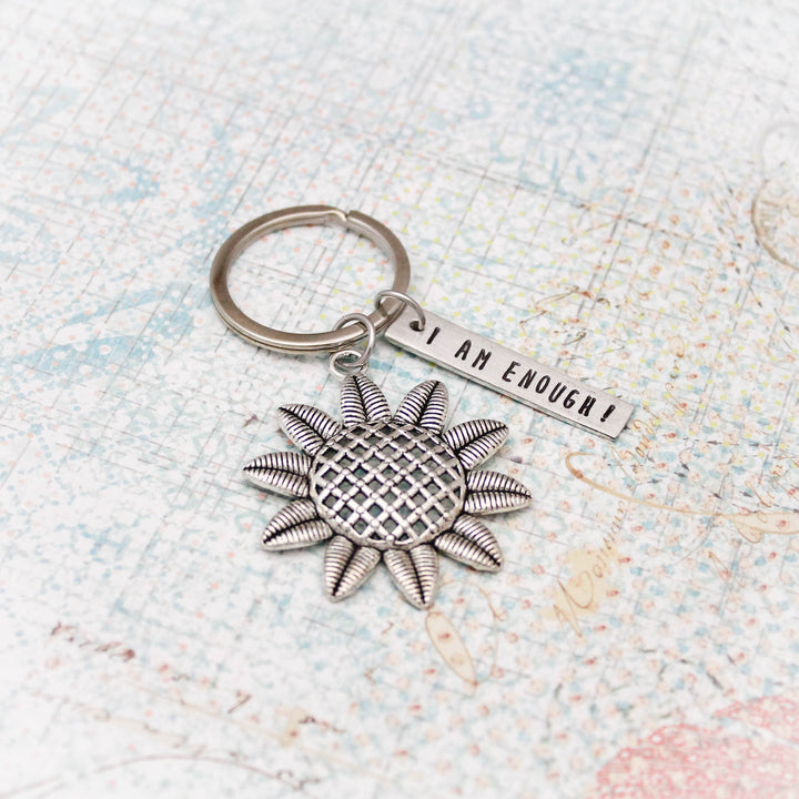 I Am Enough Key Chain, Flower Keychain, Graduation Gift, Motivational Gift, Graduate Gift, Hand Stamped Personalized Jewelry, Gift for Her