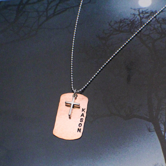 Boys Cross Necklace, Boys Confirmation or First Communion Gift, Copper Dog Tag Cross Necklace for Boys,  Hand Stamped and Personalized