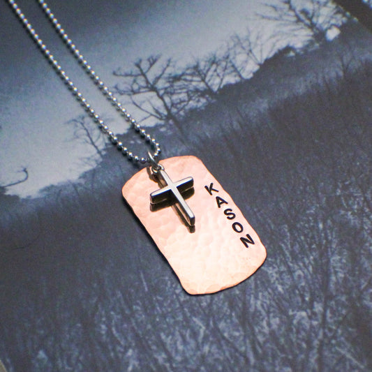 Boys Cross Necklace, Boys Confirmation or First Communion Gift, Copper Dog Tag Cross Necklace for Boys,  Hand Stamped and Personalized