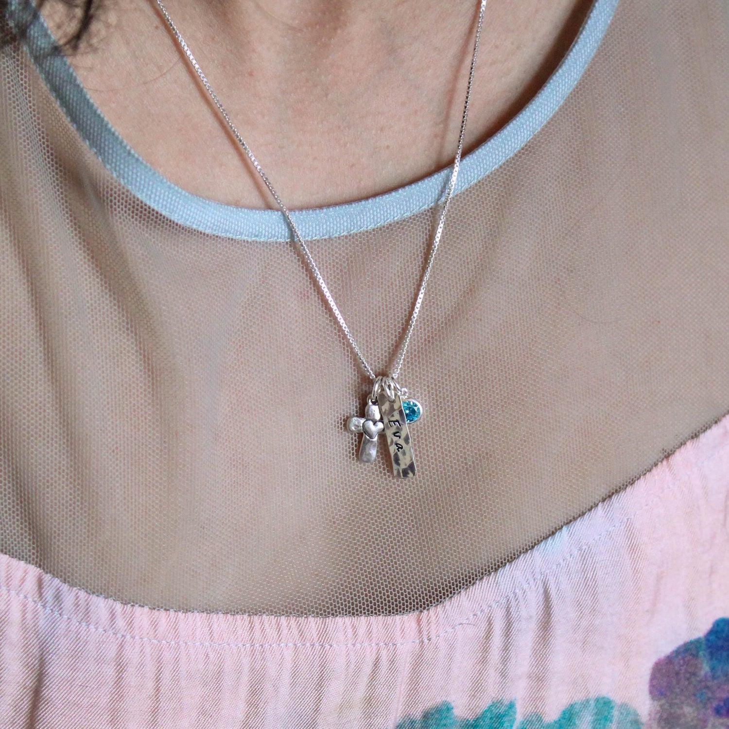 Heart Cross Charm Necklace in Silver, Confirmation Cross Necklace, First Communion Cross Necklace, Personalized Jewelry