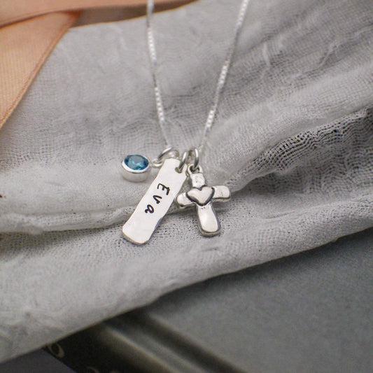 Heart Cross Charm Necklace in Silver, Confirmation Cross Necklace, First Communion Cross Necklace, Personalized Jewelry