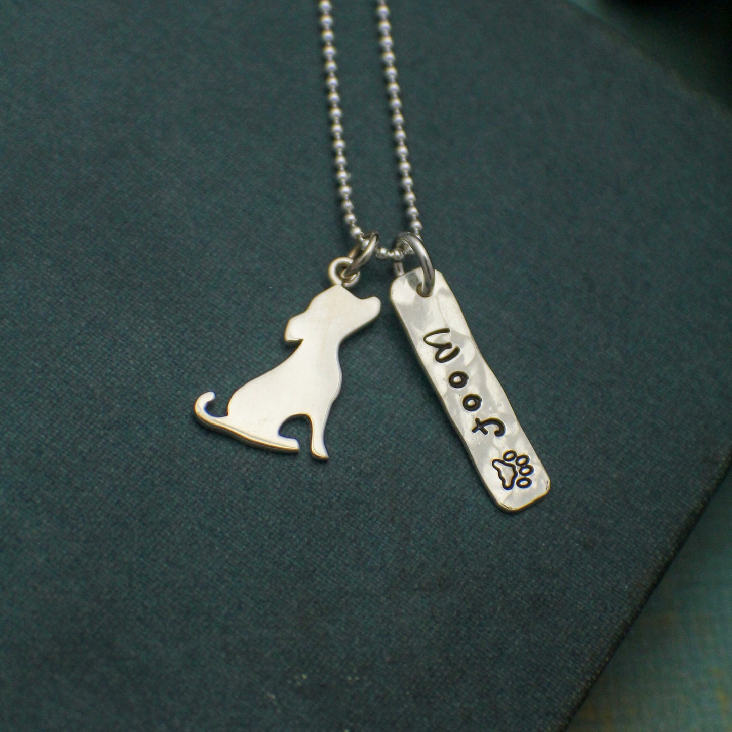 WOOF Necklace, Sterling Silver Dog Necklace, Dog Lover Gift, New Pet Gift, Dog Jewelry, Pup Charm Necklace, Hand Stamped Jewelry, Paw Print