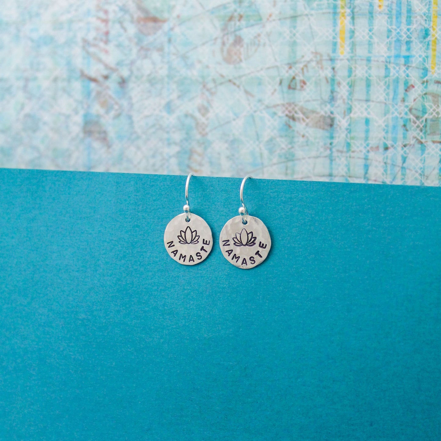 NAMASTE Sterling Silver Earrings, Lotus Flower Jewelry, Hand Stamped Personalized Earrings, Yoga Jewelry Zen Breathe Unique Gift for Her