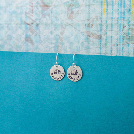 NAMASTE Sterling Silver Earrings, Lotus Flower Jewelry, Hand Stamped Personalized Earrings, Yoga Jewelry Zen Breathe Unique Gift for Her