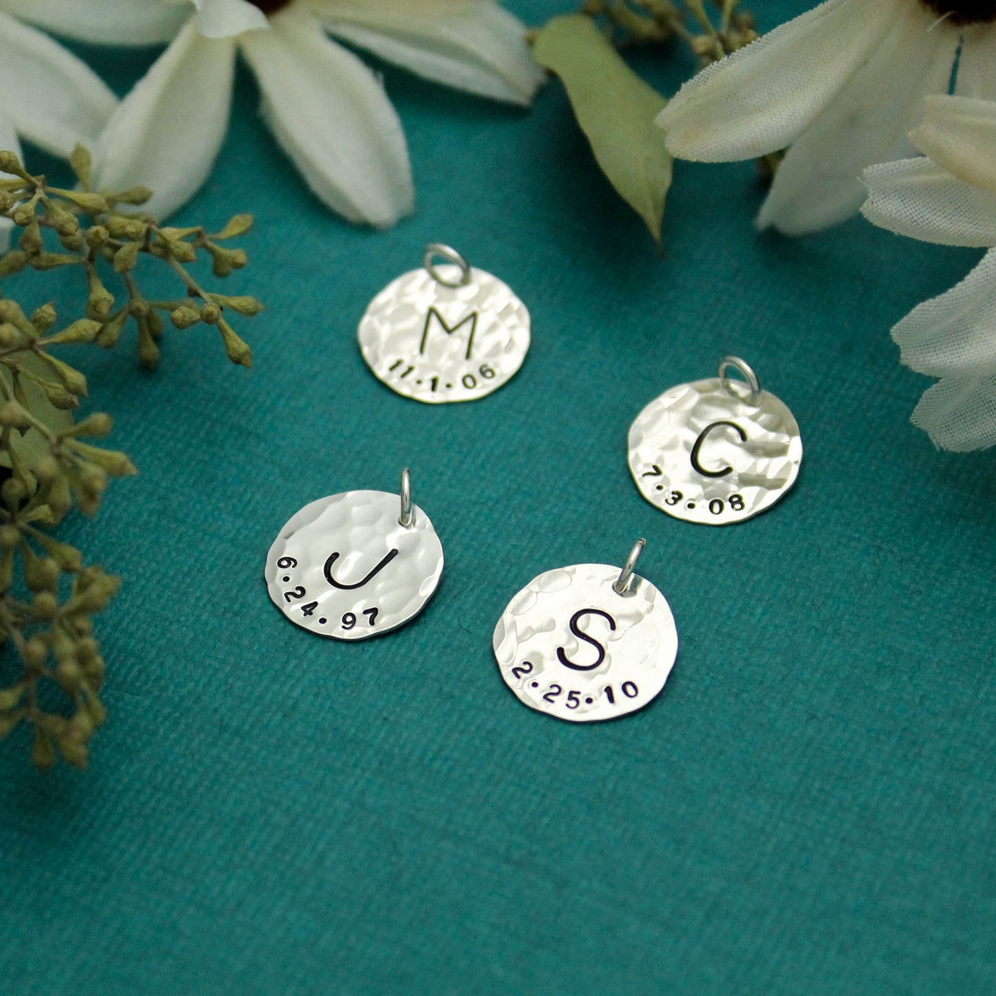 Mother or Grandmother Charm with Initial and Birthdate Sterling Silver Hand Stamped Personalized Gift