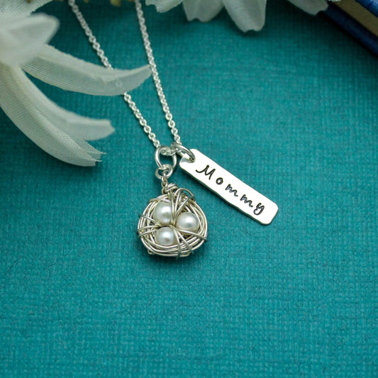 Bird's Nest Mother Necklace in Sterling Silver, Mother Necklace, Bird Nest Pearl Charm, Mother's Day Jewelry, Hand Stamped Personalized Mom