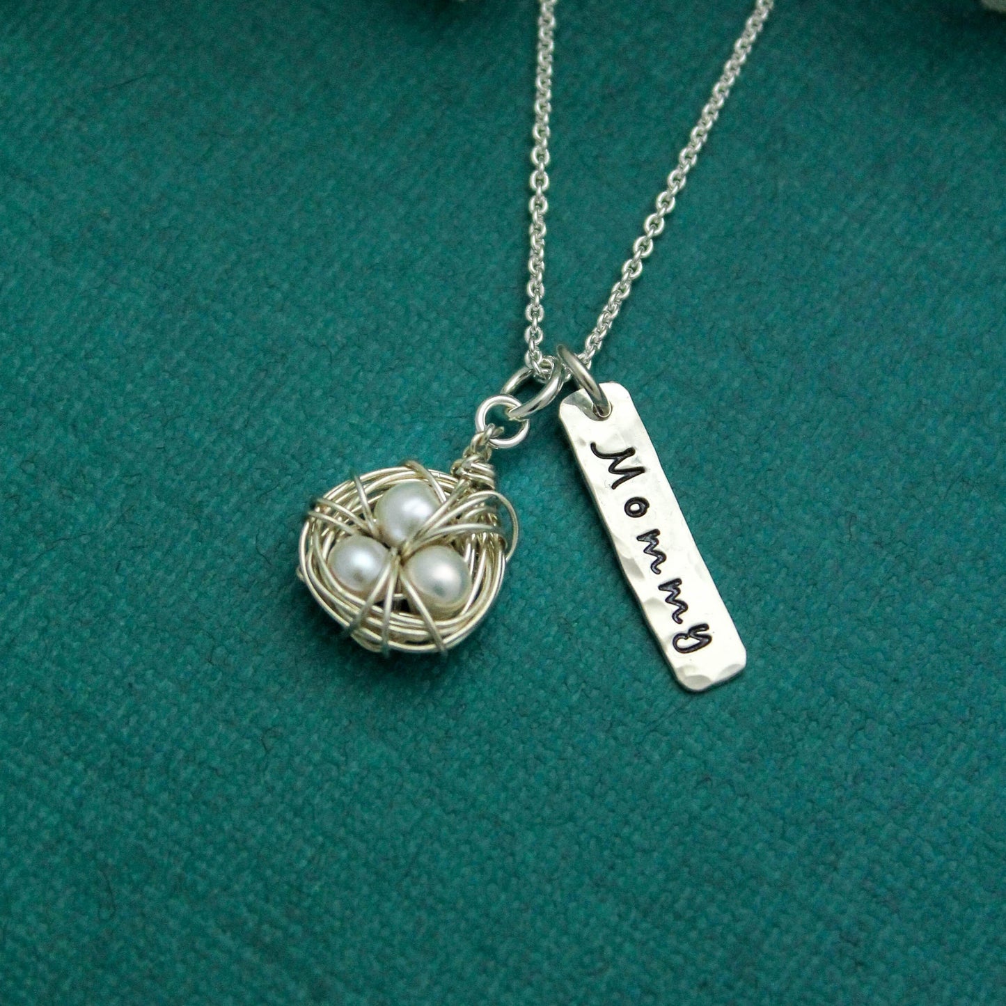Bird's Nest Mother Necklace in Sterling Silver, Mother Necklace, Bird Nest Pearl Charm, Mother's Day Jewelry, Hand Stamped Personalized Mom