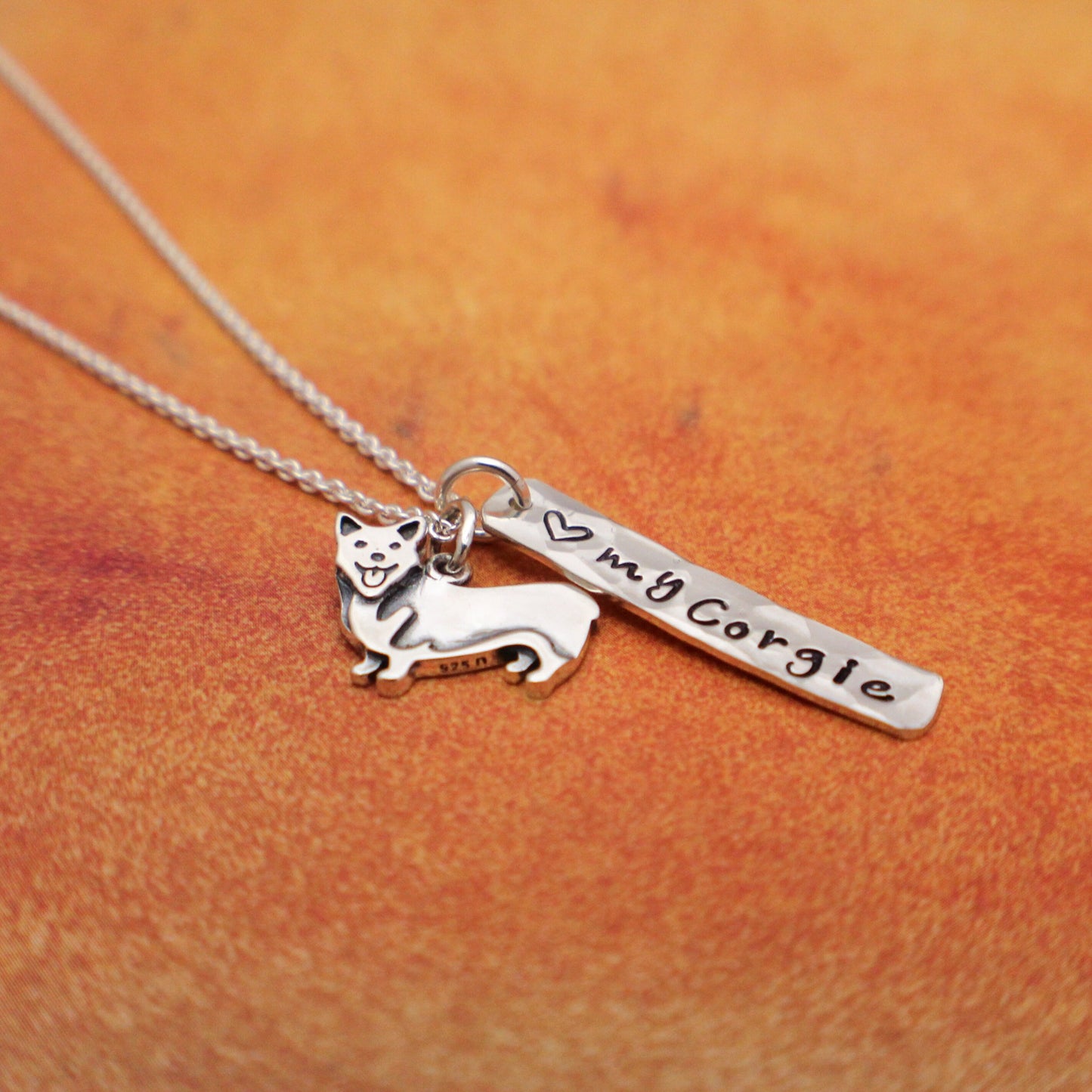 LOVE my Corgi Necklace, Sterling Silver Corgie Necklace, Welsh Corgi Lover Gift, New Pet Gift, Corgi Dog Jewelry, Hand Stamped Corgi Gift