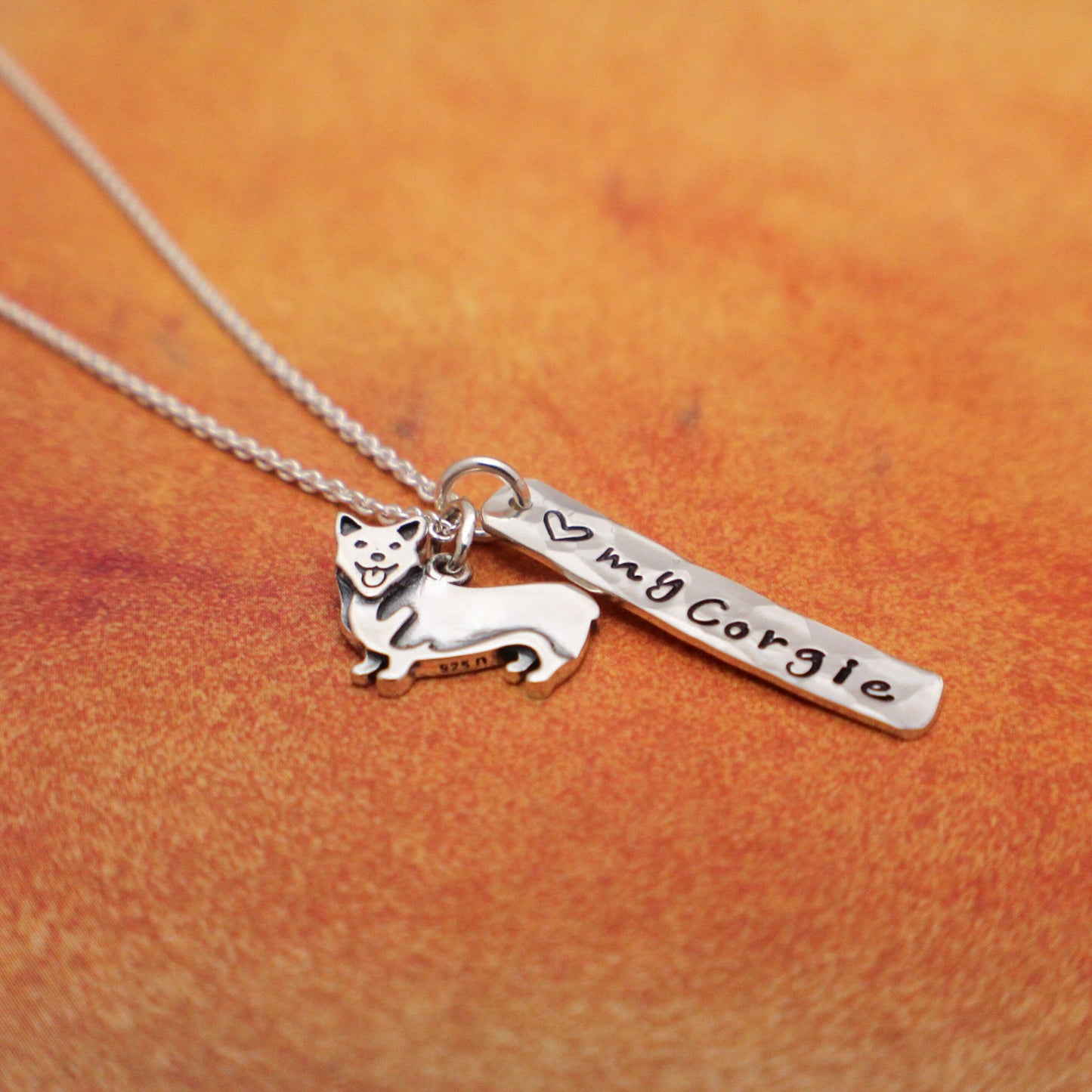 LOVE my Corgi Necklace, Sterling Silver Corgie Necklace, Welsh Corgi Lover Gift, New Pet Gift, Corgi Dog Jewelry, Hand Stamped Corgi Gift