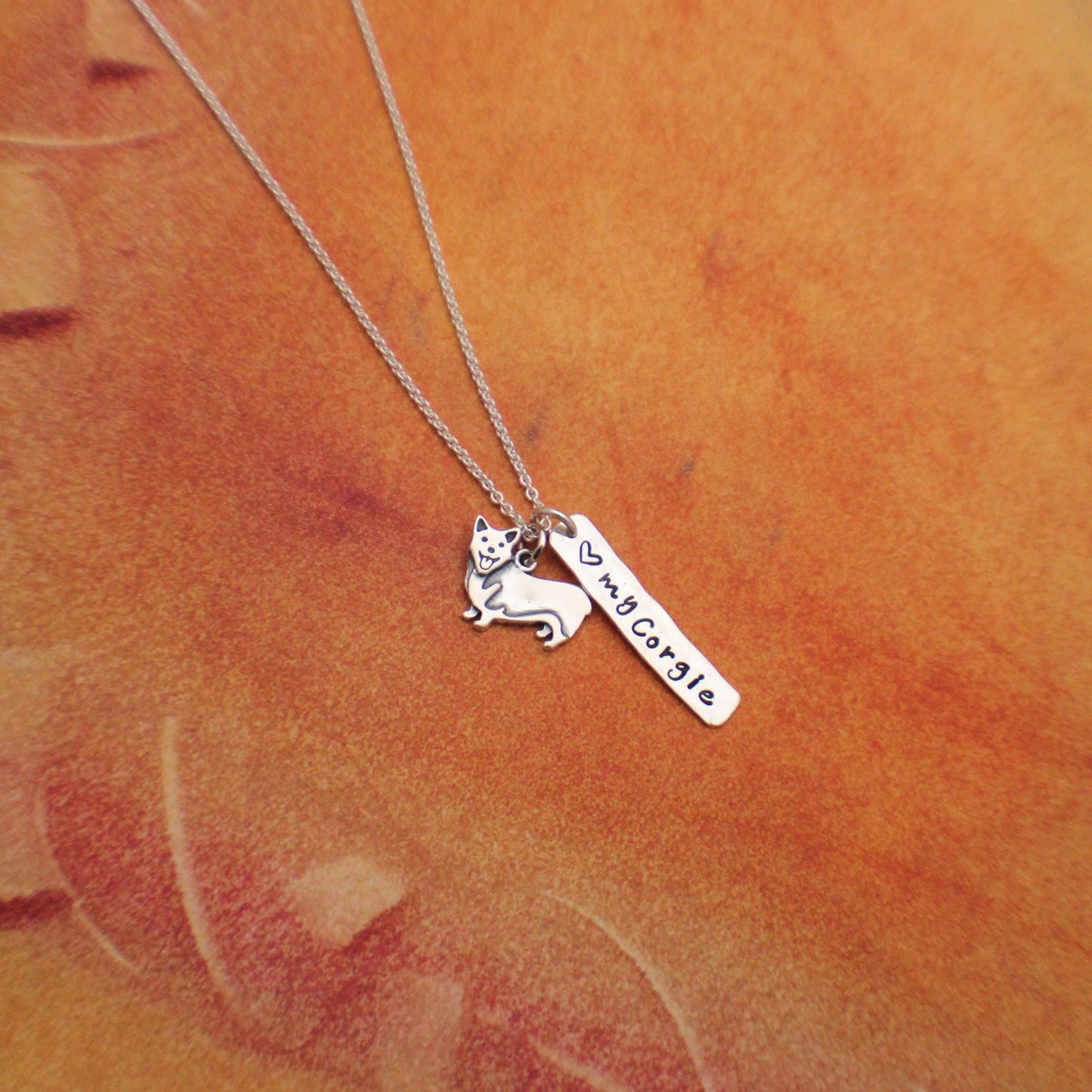 LOVE my Corgi Necklace, Sterling Silver Corgie Necklace, Welsh Corgi Lover Gift, New Pet Gift, Corgi Dog Jewelry, Hand Stamped Corgi Gift