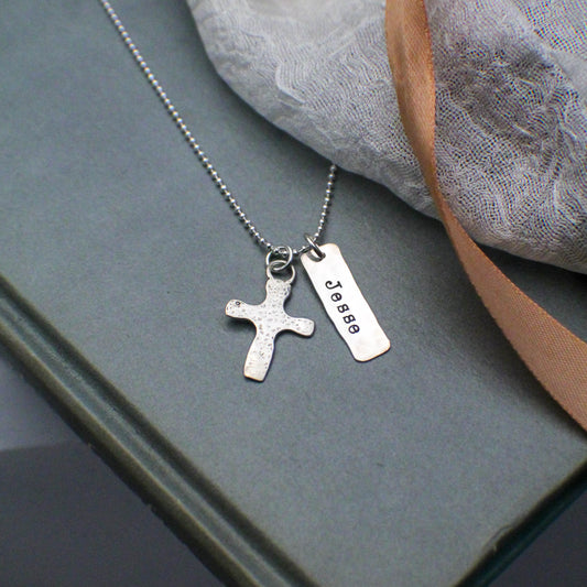 Personalized Boys Cross Necklace, Boys Confirmation or First Communion Gift, Hammered Silver Cross with Name Necklace for Boys, Hand Stamped