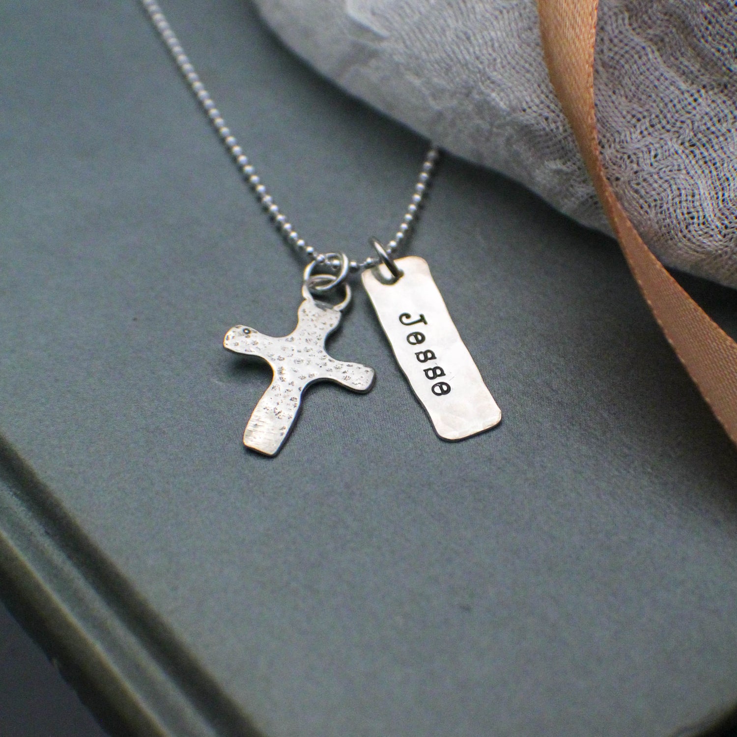 Personalized Boys Cross Necklace, Boys Confirmation or First Communion Gift, Hammered Silver Cross with Name Necklace for Boys, Hand Stamped
