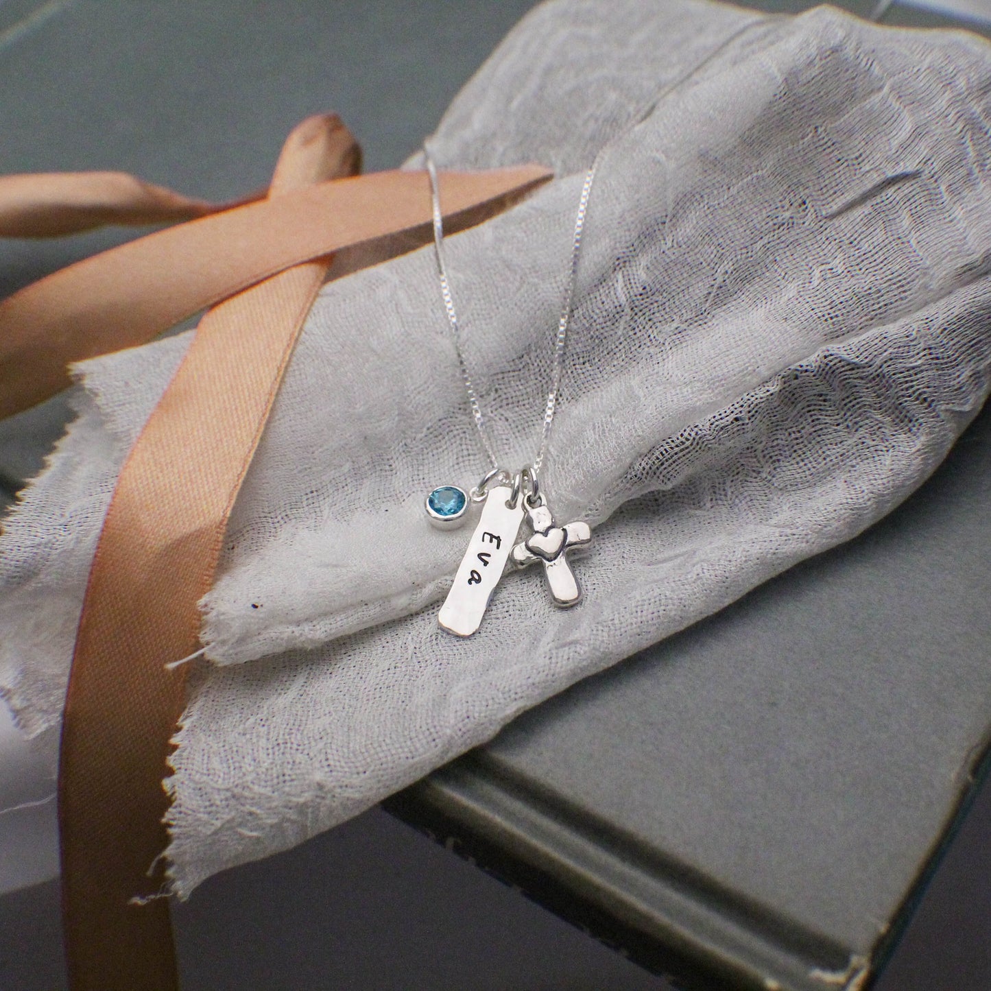 Heart Cross Charm Necklace in Silver, Confirmation Cross Necklace, First Communion Cross Necklace, Personalized Jewelry