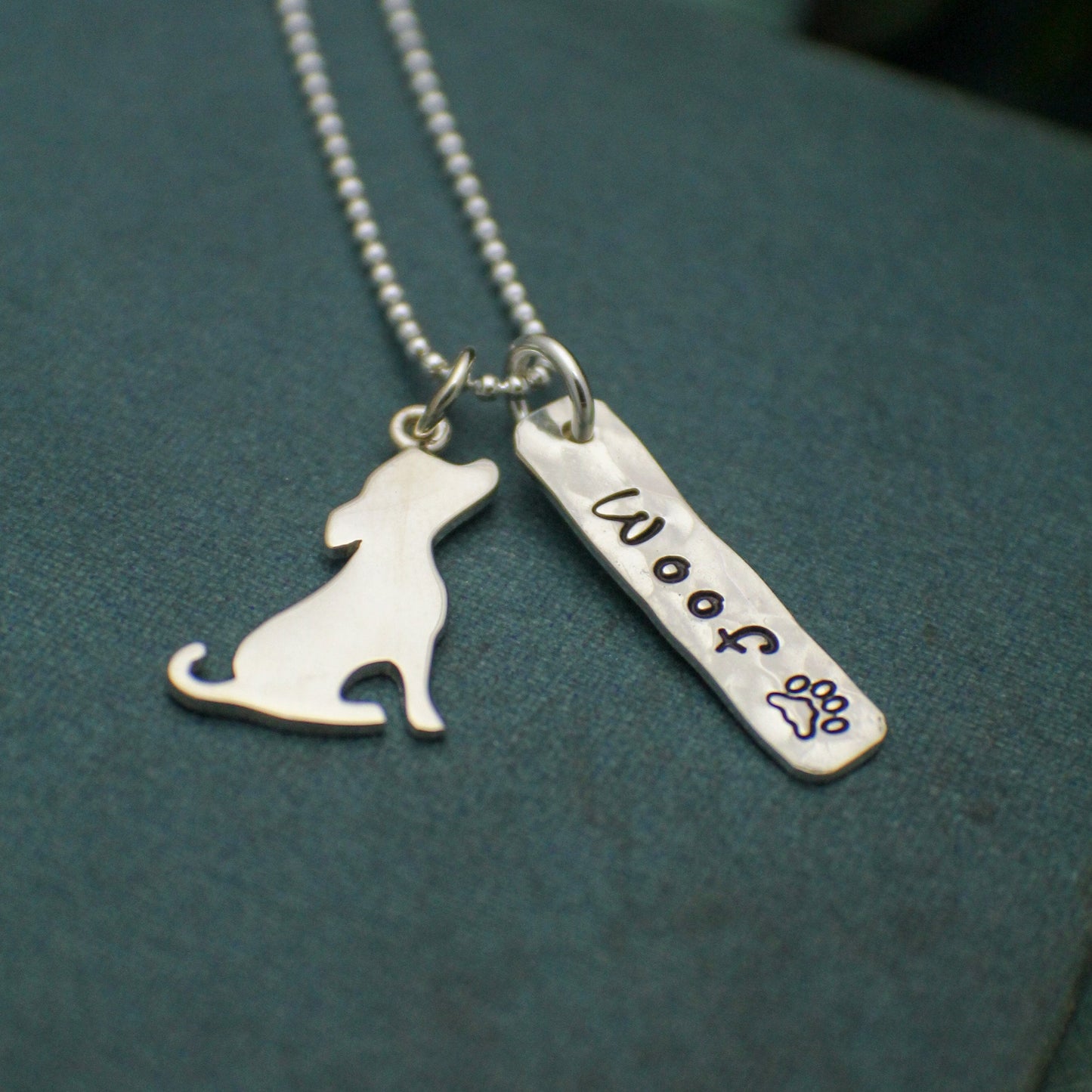 WOOF Necklace, Sterling Silver Dog Necklace, Dog Lover Gift, New Pet Gift, Dog Jewelry, Pup Charm Necklace, Hand Stamped Jewelry, Paw Print