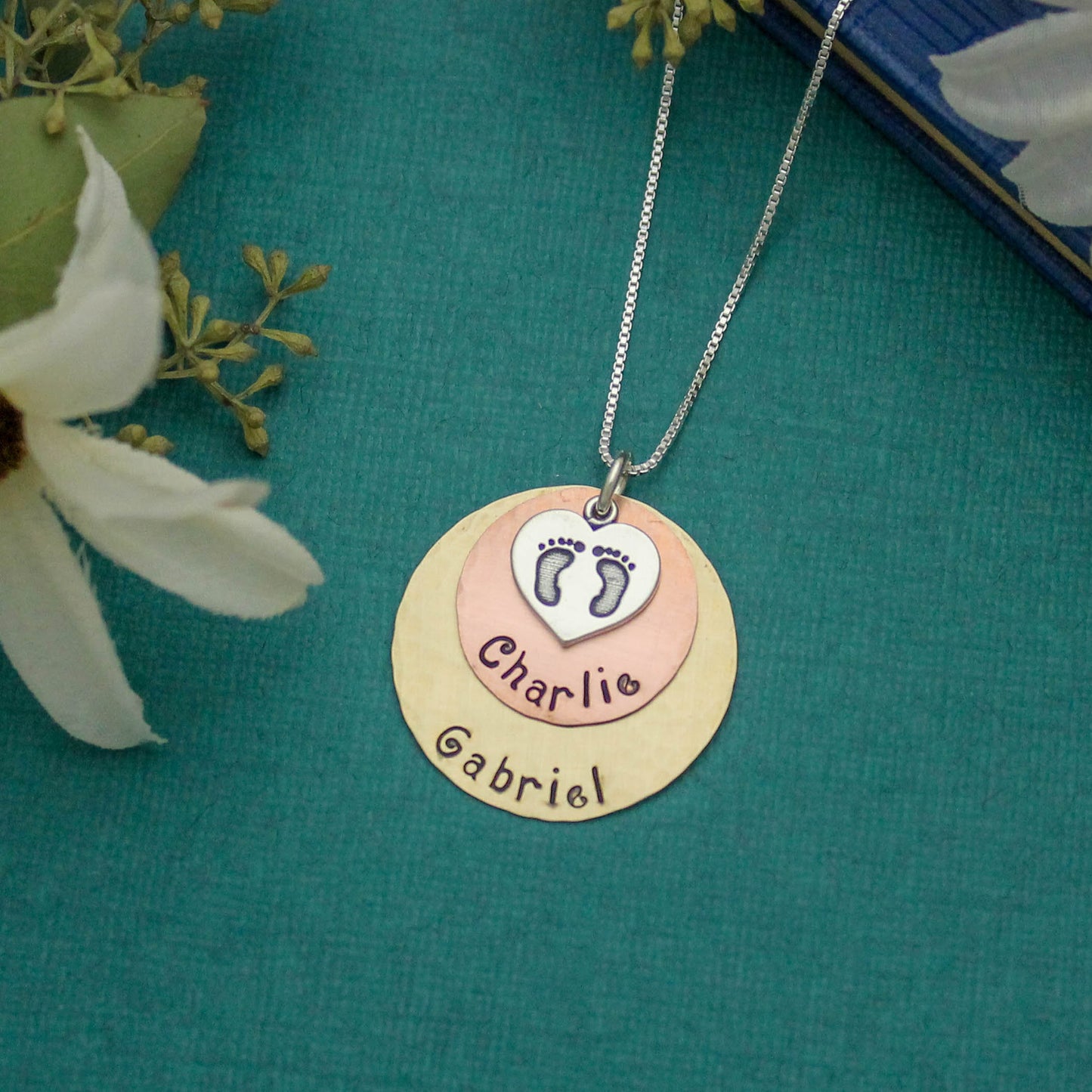 Sterling Silver Copper and Brass Disc Necklace Mommy Necklace Twins or Two (2) Children Hand Stamped Jewelry